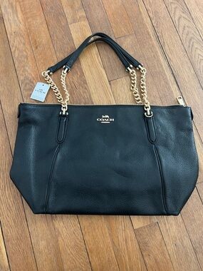 Coach Black Leather Tote with Gold Chain Handles